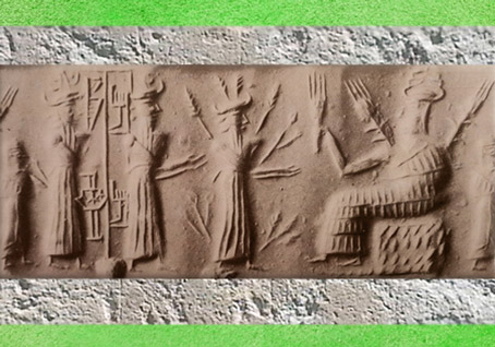D’après les Épis de la Déesse trônant et les Rameaux du dieu de la Végétation (Dumuzi), empreinte de sceau, vers 2300 avjc, période d’Agadé, Mésopotamie. (Marsailly/Blogostelle)