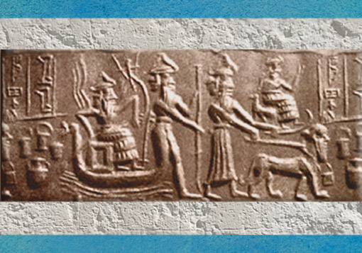 D'après le dieu Flamme sur un Bateau-serpent et charrue, vers 2340-2200 avjc, période d'Agadé. (Marsailly/Blogostelle)