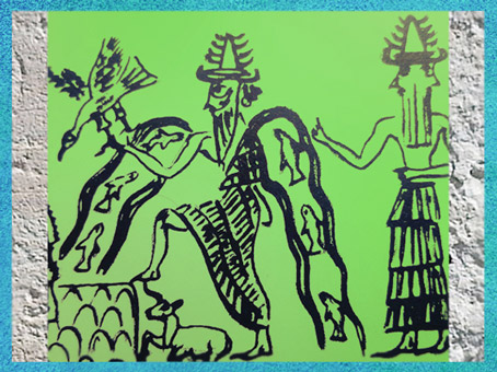 D’après Ea et ses Flots poissonneux, détail, sceau du scribe Adda, vers 2300 avjc, période d’Agadé, Mésopotamie. (Marsailly/Blogostelle)