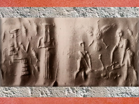 D’après Ea et son assistant aux Deux Visages, Ushmu, et scène de Sacrifice, vers 2300 avjc, période d’Agadé, Mésopotamie. (Marsailly/Blogostelle)