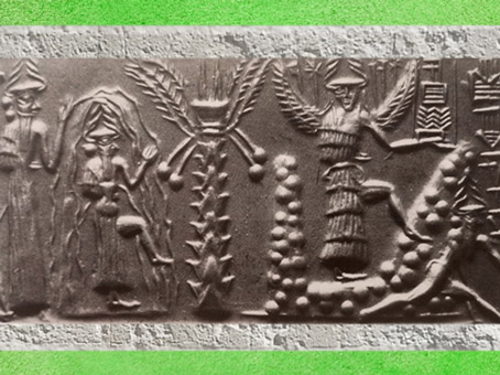 D’après Enki-Ea et ses flots en cloche, arbre sacré, déesse ailée de la végétation, sceau du scribe Zagganita, vers 2300 avjc, période d’Agadé, Mésopotamie. (Marsailly/Blogostelle)