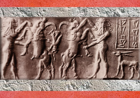 D’après une scène de combat, héros, buffles et petit dragon, vers 2300 avjc, période d’Agadé, Mésopotamie. (Marsailly/Blogostelle)