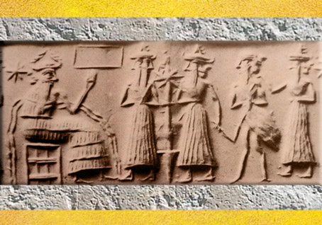 D’après le dieu Enki-Ea trônant, Ushmu son acolyte aux Deux Visages, un personnage oiseau, empreinte de sceau, vers 2300 avjc, période d’Agadé, Mésopotamie. (Marsailly/Blogostelle)
