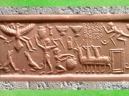 D'après la figure de l'homme-oiseau et troupeau, empreinte de sceau, vers 2300 avjc, période d’Agadé, Mésopotamie. (Marsailly/Blogostelle)