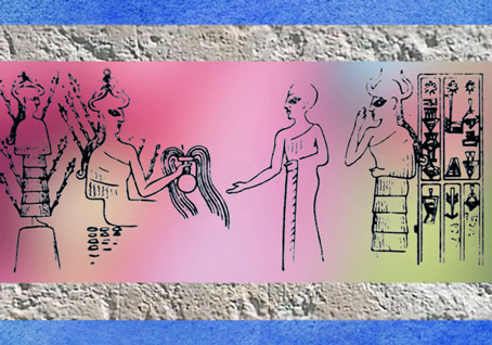 D’après le Vase Jaillissant porté par la Déesse aux Épis, bulle de Girsu-Tello, vers 2250 avjc, époque de Naram-Sîn, période d’Agadé, Mésopotamie. (Marsailly/Blogostelle)