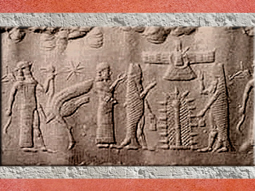 D'après les carpes d'Enki-Ea et arbre ou pilier sacré, empreinte de sceau, IIe millénaire avjc, Orient ancien. (Marsailly/Blogostelle)