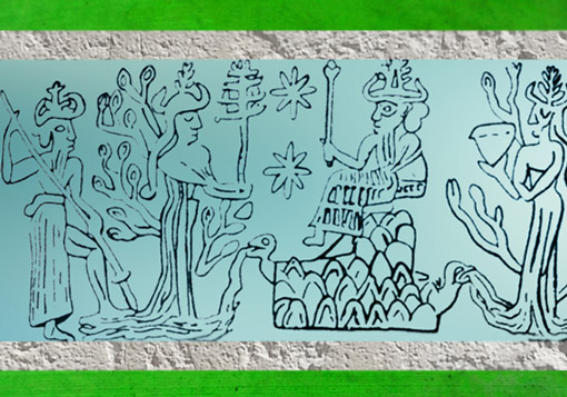 D'après Enki-Ea trônant, Ningursag, et Nammu et Enlil (père de Enki-Ea), empreinte de sceau, Mari, Syrie, III millénaire avjc, Mésopotamie. (Marsailly/Blogostelle)