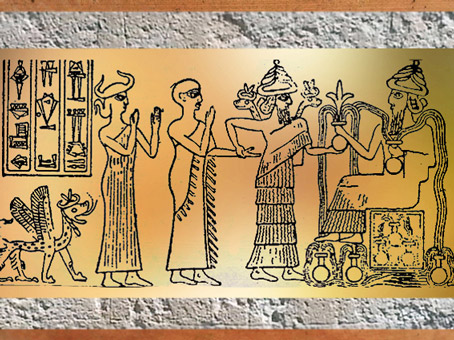 D’après Gudea présenté par Ningishzida au dieu Ningirsu, empreinte de sceau, vers 2130-2100 avjc, époque néo-sumérienne, Mésopotamie. (Marsailly/Blogostelle)