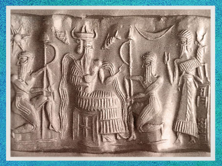 D'après le dieu Ea, poissons et signes astraux, IIe millénaire avjc, empreinte de sceau, Mésopotamie. (Marsailly/Blogostelle)