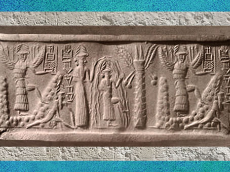 D’après le sceau du scribe Zagganita, déités guerrières ailées, le dieu des Eaux Ea et un palmier en fruits, vers 2200 avjc époque d'Agadé, Mésopotamie. (Marsailly/Blogostelle)