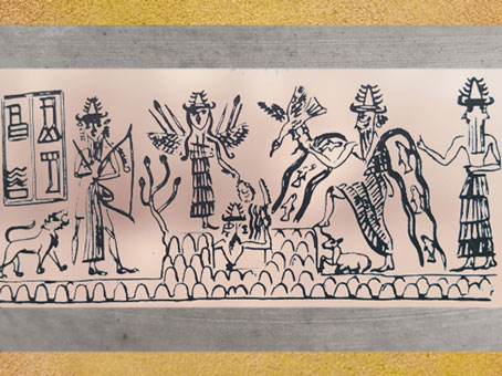D’après la Grande Déesse, le dieu des Flots Enki-Ea et le dieu Flammes-solaire, sceau du scribe Adda, vers 2300 avjc, époque d'Agadé, Mésopotamie. (Marsailly/Blogostelle)