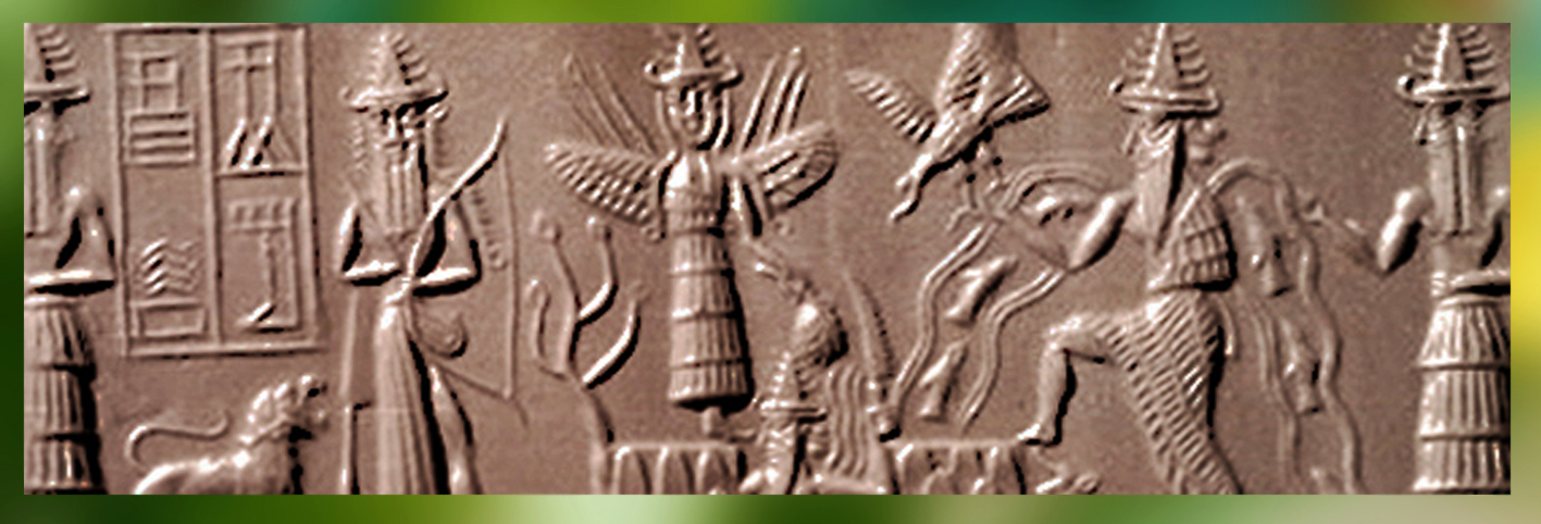 D’après l’épiphanie des Dieux, coiffés de tiares à cornes, vers 2300 avjc, époque d'Agadé, Mésopotamie. (Marsailly/Blogostelle)