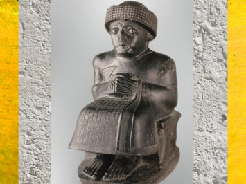 D’après Gudea, prince de Lagash, statue assise dédiée au dieu Ningishzida, vers 2120 avjc, époque néo-sumérienne, antique Girsu, Tello, Irak actuel, Mésopotamie. (Marsailly/Blogostelle)