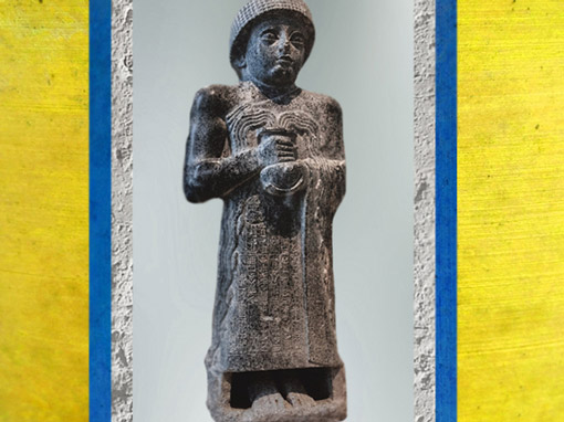 D’après Gudea et Vase d'Eau Jaillissante, statue dédiée à Geshtinanna, vers 2120 avjc, époque néo-sumérienne, Girsu-Tello, Mésopotamie. (Marsailly/Blogostelle)