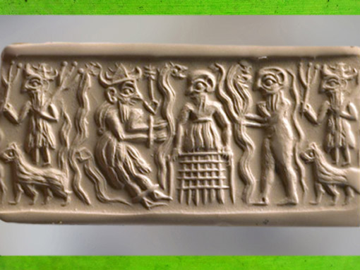 D’après un dieu de la végétation, comparable à Dumuzi, empreinte de sceau cylindre, vers 2500 avjc, période des dynastie archaïques, Mésopotamie. (Marsailly/Blogostelle)