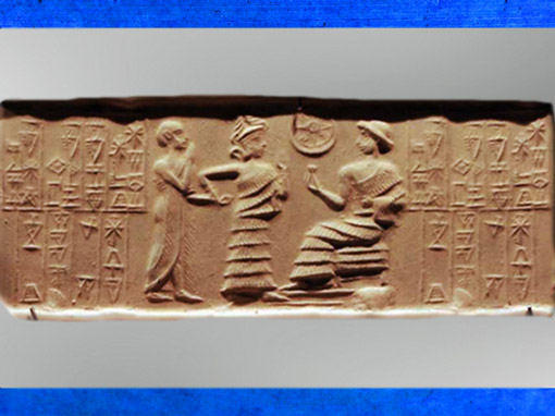 D'après une scène de présentation à un souverain divinisé et inscription, empreinte de sceau, vers 2100-2000 avjc, époque néo-sumérienne, Mésopotamie. (Marsailly/Blogostelle)