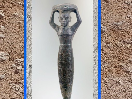 D’après une figurine de fondation, Shulgi roi bâtisseur et dédicace, cuivre, Suse, 2100 -2050 avjc, Élam, Troisième dynastie d’Ur, Mésopotamie. (Marsailly/Blogostelle)