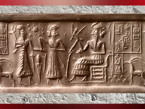D'après une scène de présentation à un dieu trônant, dédicace et symboles célestes, sceau dit VA243, Uruk, vers 2300 avjc, période d'Agadé, Mésopotamie. (Marsailly/Blogostelle)