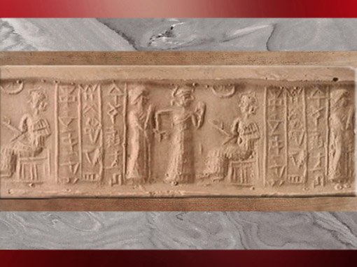 D'après une scène de présentation d'un fidèle à une déesse sur son trône, IIe millénaire avjc, fin de l’époque néo-sumérienne, Mésopotamie. (Marsailly/Blogostelle)