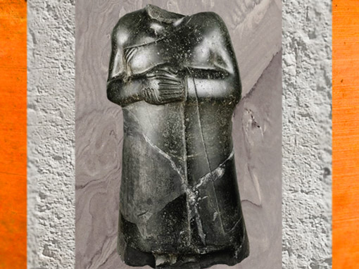 D'après une statue (acéphale) du souverain Ur-Bau de Lagash, 70 centimètres, vers 2130 avjc, deuxième dynastie de Lagash, époque néo-sumérienne, Mésopotamie. (Marsailly/Blogostelle)