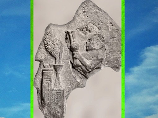 D'après une scène de libation, autel et arbre sacré, fragment de bulle et empreinte de sceau, époque néo-sumérienne de Gudea, Lagash, Mésopotamie. (Marsailly/Blogostelle)