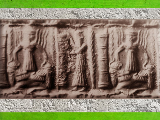 D’après des taureaux à tête humaine (androcéphales), empreinte de sceau, période d’Agadé, dynastie d’Akkad, vers 2350-2200 avjc, Mésopotamie. (Marsailly/Blogostelle)