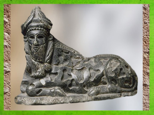 D'après une statuette de taureau androcéphale, stéatite, vers 2150-2100 avjc, époque néo-sumérienne, Mésopotamie. (Marsailly/Blogostelle)