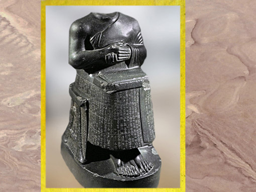 D’après la statue de Gudea Architecte (acéphale) et plan du temple de Ningirsu, diorite, vers 2120 avjc, époque néo-sumérienne, antique Girsu, Tello, actuel Irak, Mésopotamie. (Marsailly/Blogostelle)