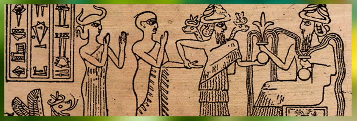 D'après Gudea, son dieu Ningishzida, et Ningirsu, sceau, vers 2130-2100 avjc, néo-sumer. (Marsailly/Blogostelle)