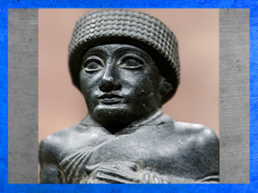 D’après le visage royal de Gudea, détail, statue du prince de Lagash, vers 2100 avjc, époque néo-sumérienne, Mésopotamie. (Marsailly/Blogostelle)