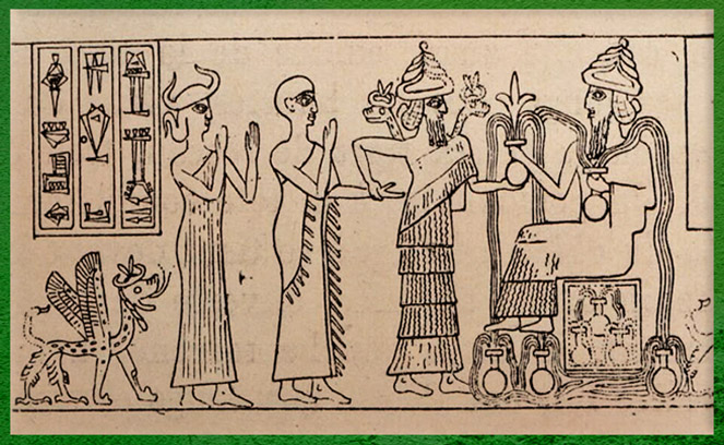 D'après le prince Gudea introduit par Ningishzida auprès de Ningirsu, dieu tutélaire de Lagash, scène de présentation, sceau de Gudea, 2130-2100 avjc, époque néo-sumérienne, Mésopotamie. (Marsailly/Blogostelle)
