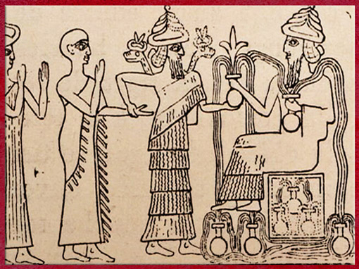 D'après le prince Gudea, tête nue, introduit par Ningishzida auprès de Ningirsu, dieu tutélaire de Lagash, scène de présentation, sceau de Gudea, 2130-2100 avjc, époque néo-sumérienne, Mésopotamie. (Marsailly/Blogostelle)