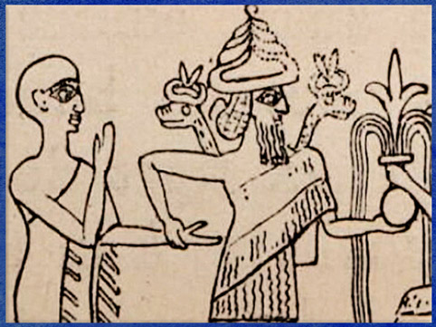 D'après Ningishzida tenant par la main le prince Gudea, scène de présentation, sceau de Gudea, 2130-2100 avjc, époque néo-sumérienne, Mésopotamie. (Marsailly/Blogostelle)