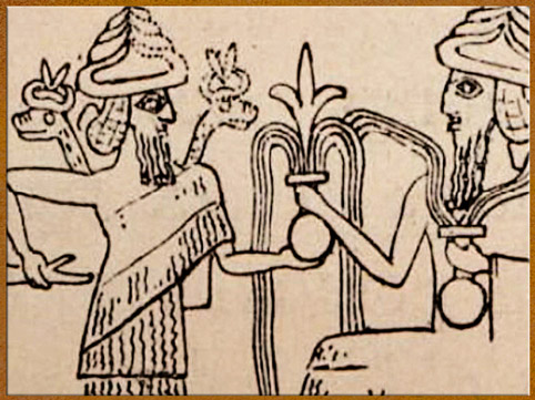 D'après Ningirsu offrant un vase de flots jaillissant et un lys à Ningishzida , dieu de la Végétation, sceau de Gudea, 2130-2100 avjc, époque néo-sumérienne, Mésopotamie. (Marsailly/Blogostelle)
