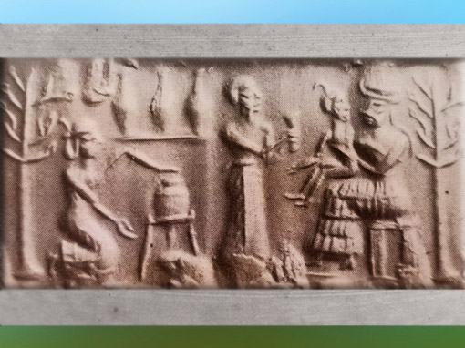 D’après la Déesse à l’Enfant et des orants, cylindre, deuxième moitié du IIIe millénaire avjc, Mésopotamie. (Marsailly/Blogostelle)