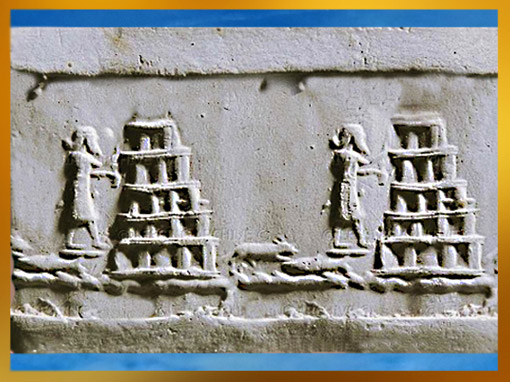 D’après une représentation de la ziggurat de Babylone, supposée reconstruite par Nabuchodonosor II au VIe avjc, bas-relief, Irak actuel, Mésopotamie. (Marsailly/Blogostelle)