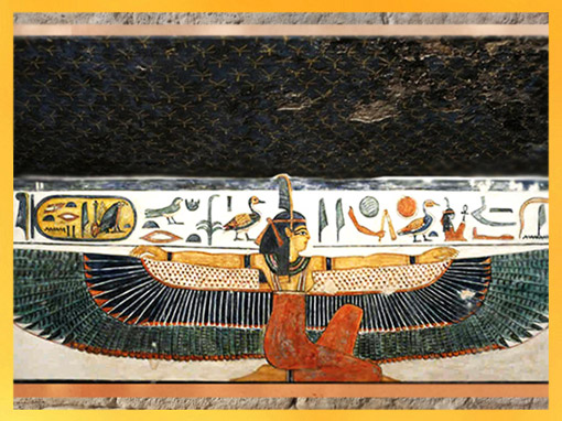 D’après la déesse Maât qui déploie ses ailes, tombe de Nefertari, épouse de Ramsès II (vers 1294 -1224 avjc), XIXe dynastie, Nouvel Empire, Vallée des Reines, Louxor, Égypte ancienne. (Marsailly/Blogostelle)