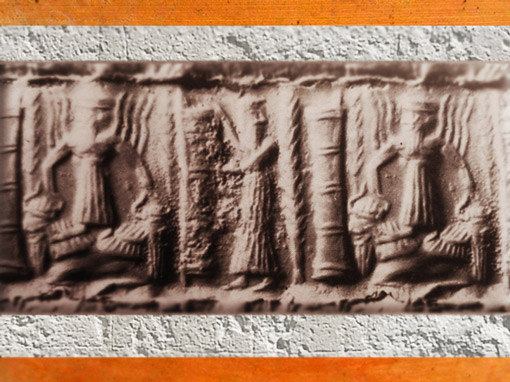 D’après le dieu solaire et deux taureaux androcéphales, symbole de la montagne à deux sommet d'où émerge le dieu - flammes, sceau, vers 2300 avjc, période d’Agadé, Mésopotamie. (Marsailly/Blogostelle)