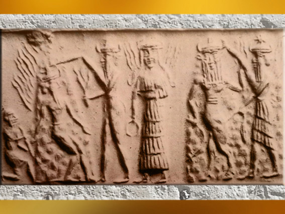 D’après le dieu solaire incendiaire, Gibil le Feu et la déesse aux Epis, empreinte de sceaux, 2340 - 2200 avjc, période d’Agadé, Mésopotamie. (Marsailly/Blogostelle)