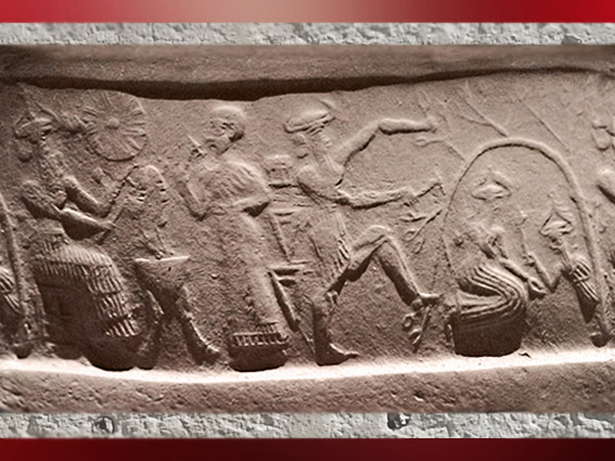 D'après le dieu solaire devant un autel, orant, Nergal brûlant jeune dieu de la Végétation sous abris, 2340 - 2150 avjc, période d'Agadé, Girsu-Tello, Mésopotamie. (Marsailly/Blogostelle)