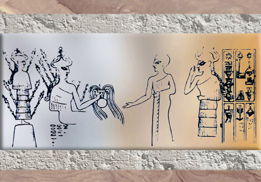 D’après une image de la Déesse de la Végétation et ses épis, bulle de Girsu-Tello, vers 2250 avjc, époque de Naram-Sîn, période d’Agadé, Mésopotamie. (Marsailly/Blogostelle)