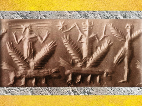 D'après les Dieux-Foudre de l’Orage, dragons et personnage -oiseau, vers 2300 avjc, période d’Agadé. Mésopotamie. (Marsailly/Blogostelle)