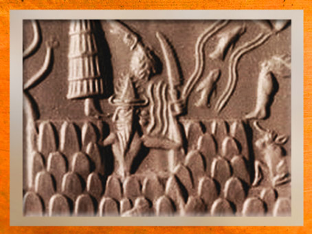 D'après le dieu solaire émergeant de la montagne, armé de son couteau scie, détail, sceau du scribe Adda, 2350-2200 avjc époque d'Agadé, Mésopotamie. (Marsailly/Blogostelle)