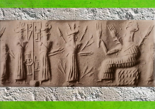 D’après la déesse aux Épis en majesté et un dieu de la Végétation aux Rameaux, vers 2300 avjc, période d’Agadé, Mésopotamie. (Marsailly/Blogostelle)