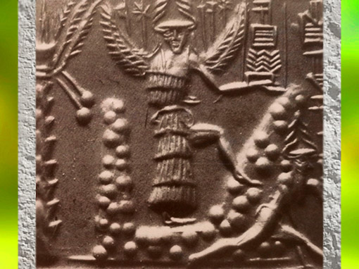 D’après la déesse ailée de la végétation, guerrière triomphante, sceau du scribe Zagganita, détail, vers 2300 avjc, période d’Agadé, Mésopotamie. (Marsailly/Blogostelle)