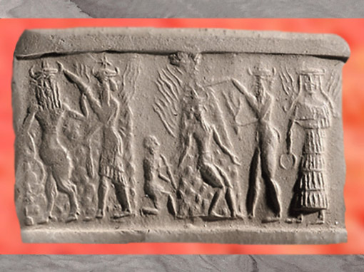 D’après Nergal le Soleil incendiaire, Gibil et sa torche, personnification du Feu, la déesse aux Épis et anneau, empreinte de sceau, 2340 - 2200 avjc, période d’Agadé, Mésopotamie. (Marsailly/Blogostelle)