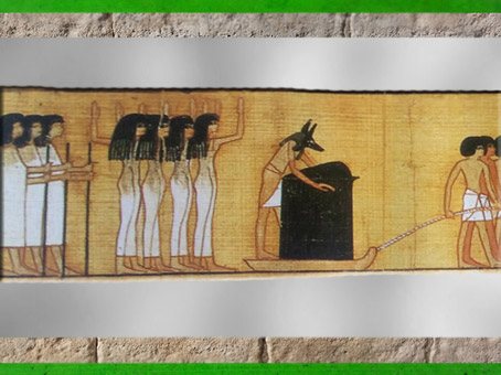 D’après Anubis et le rituel de la momification, Livre des Morts de Nebqued, papyrus peint, vers 1400 avjc, Nouvel Empire, Égypte ancienne. (Marsailly/Blogostelle)