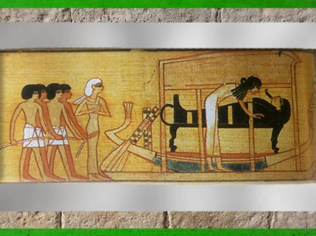 D’après Anubis et le rituel de la momification, Livre des Morts de Nebqued, papyrus peint, vers 1400 avjc, Nouvel Empire, Égypte ancienne. (Marsailly/Blogostelle)