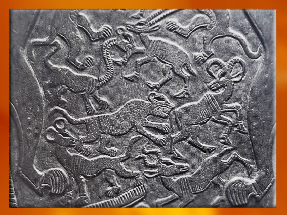 D’après des animaux sauvages et fabuleux, détails, palette à fard, schiste, vers 3400 – 3200 avjc, début de la dynastie Thinite, Hiérakonpolis, Égypte Ancienne. (Marsailly/Blogostelle)