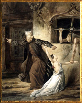 D'après Notre-Dame de Paris de Victor Hugo, illustration de Louis Boulanger, Frollo, Esmeralda et La Sachette, 1833, aquarelle, XIXe siècle. (Marsailly/Blogostelle)